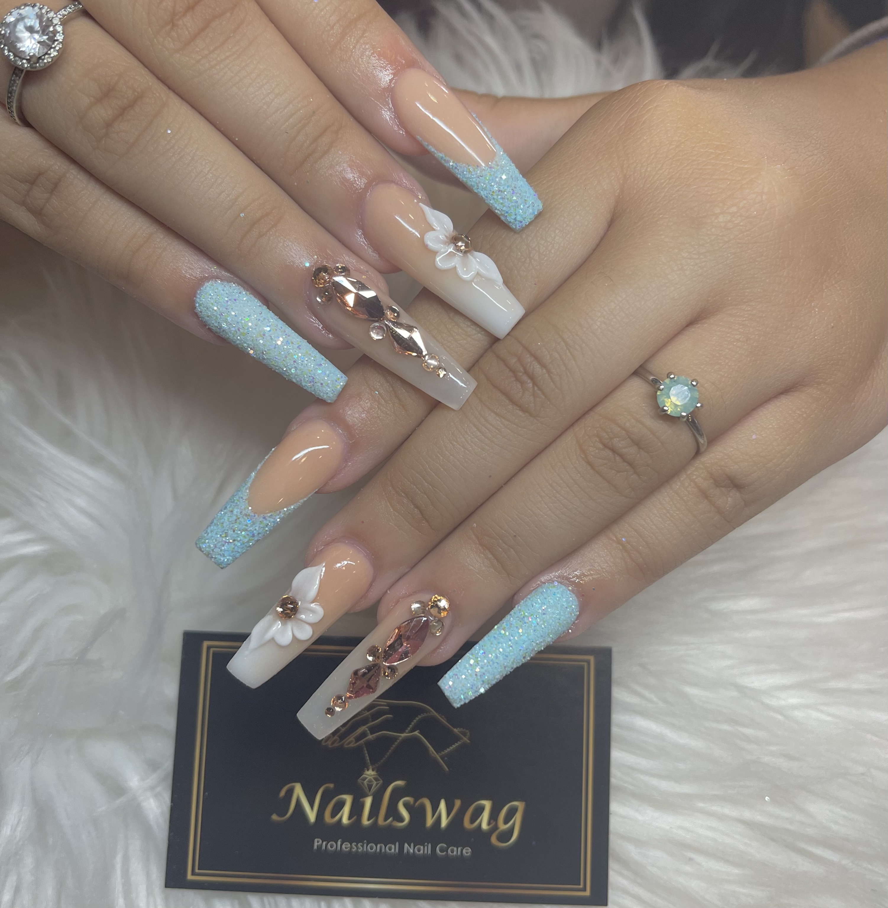Ice-blue glitter coffin nails with 3D florals and gems by Nailswag, Winchester VA