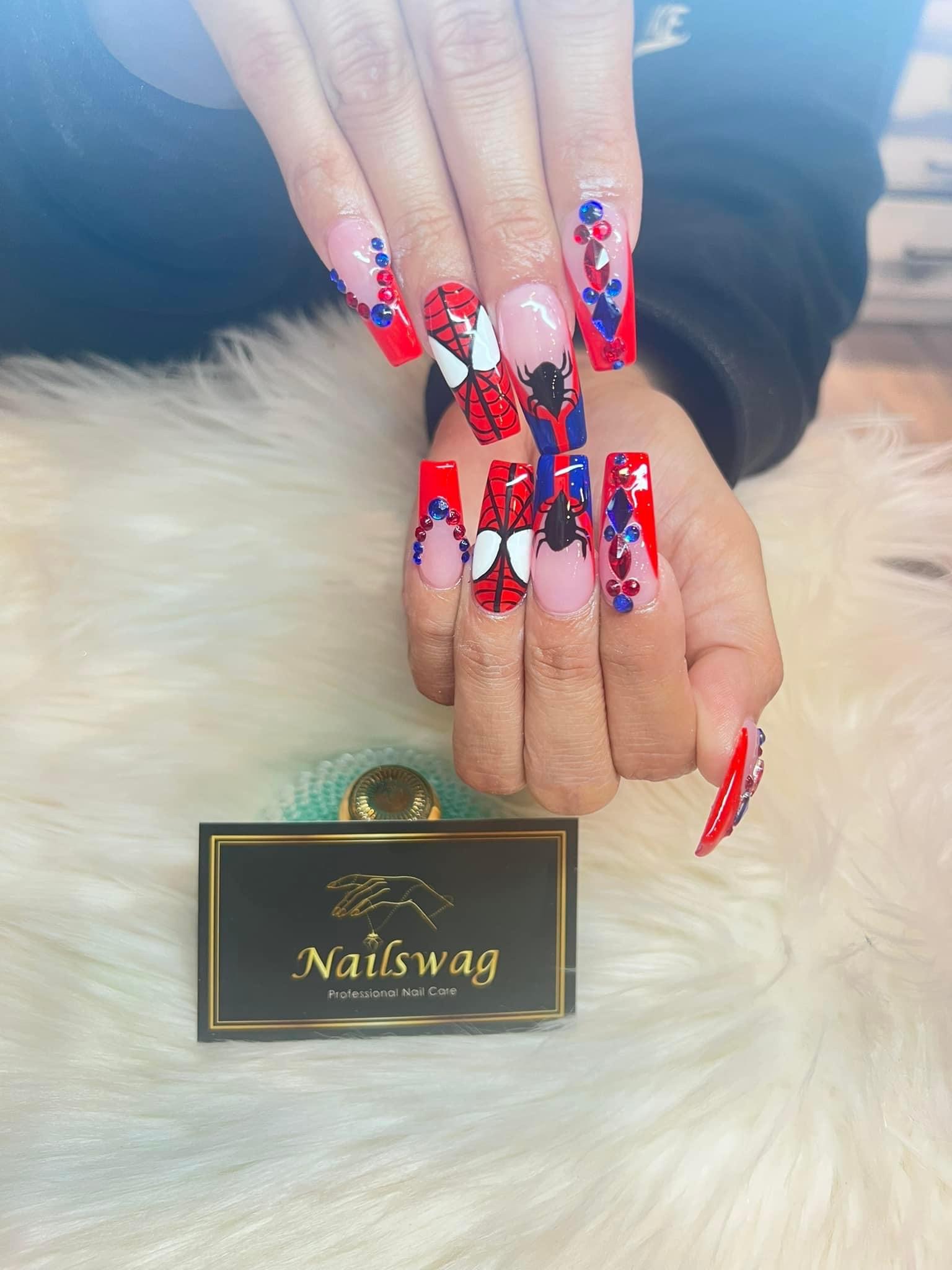 Hand-painted nail art in warm tones, Nailswag Winchester VA