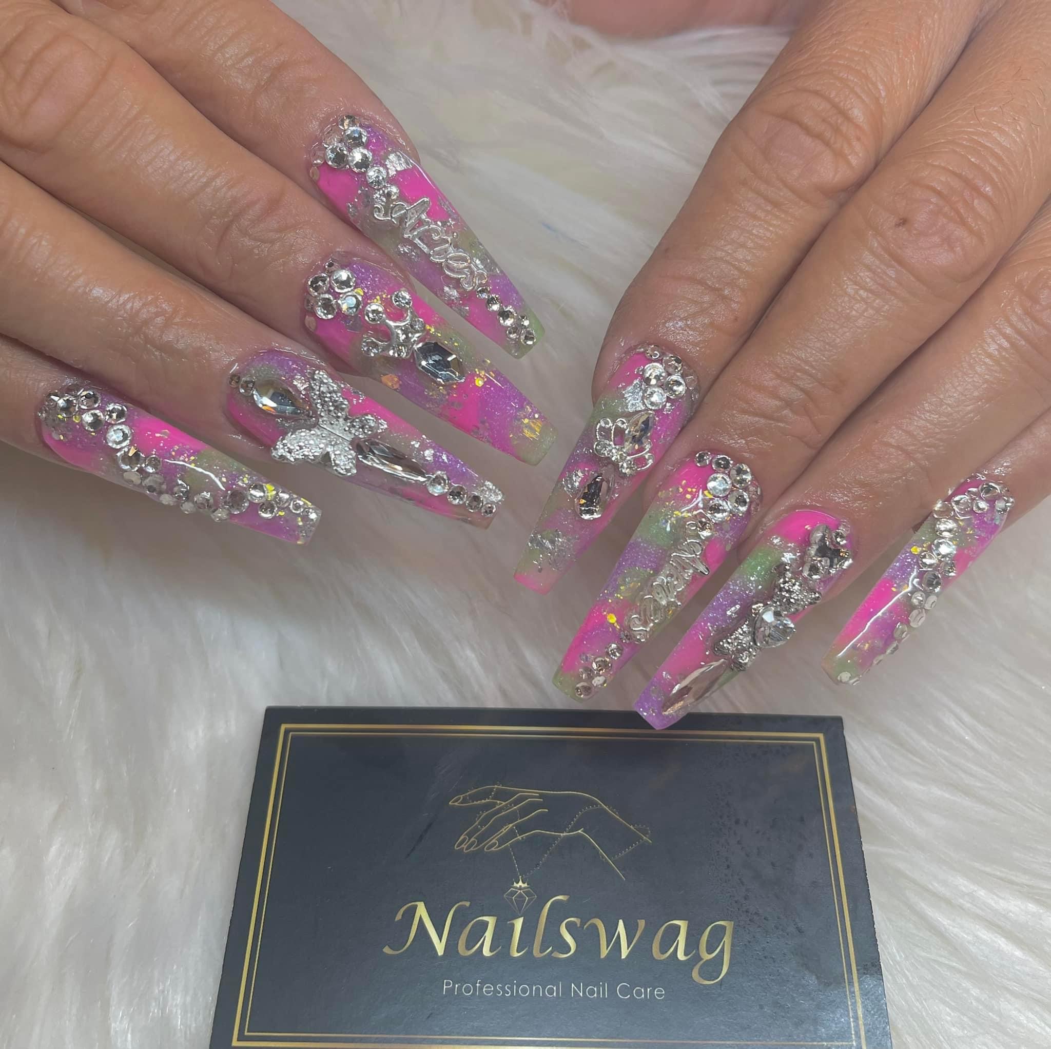 Statement nail design with gems and 3D florals, Nailswag Winchester VA